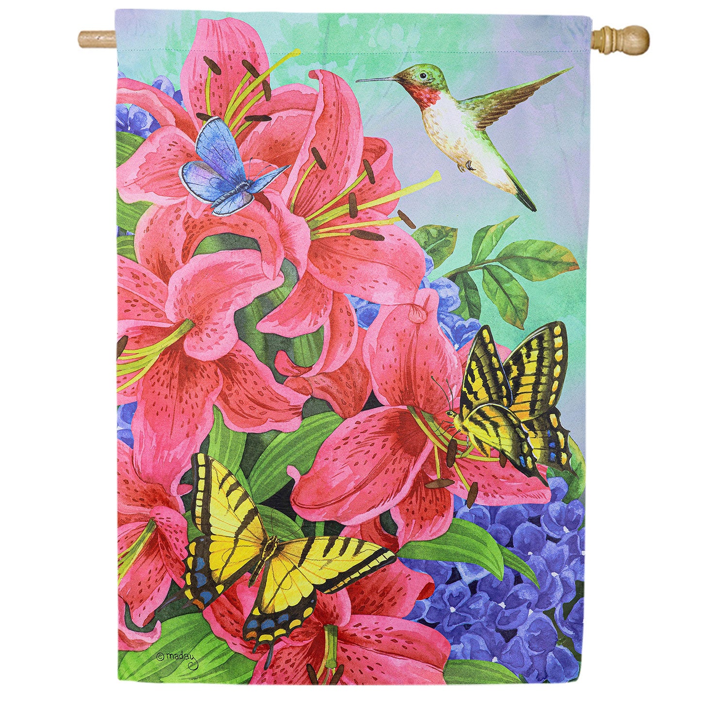 Evergreen Swallowtail and Hummingbird Suede House Flag