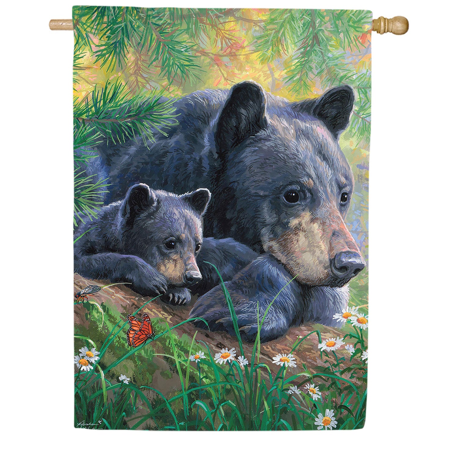 Evergreen Mom and Baby Bear in the Meadow Suede House Flag