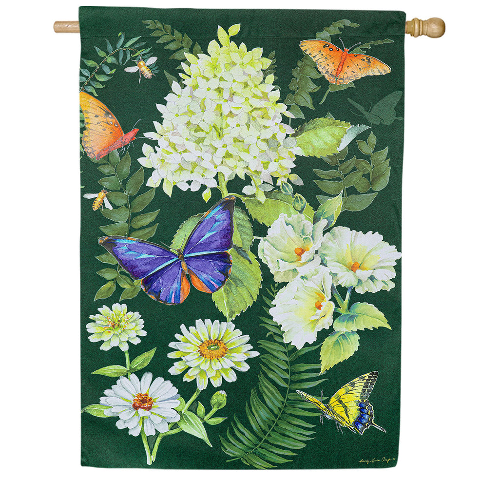 Evergreen Flutters and Flowers Suede House Flag