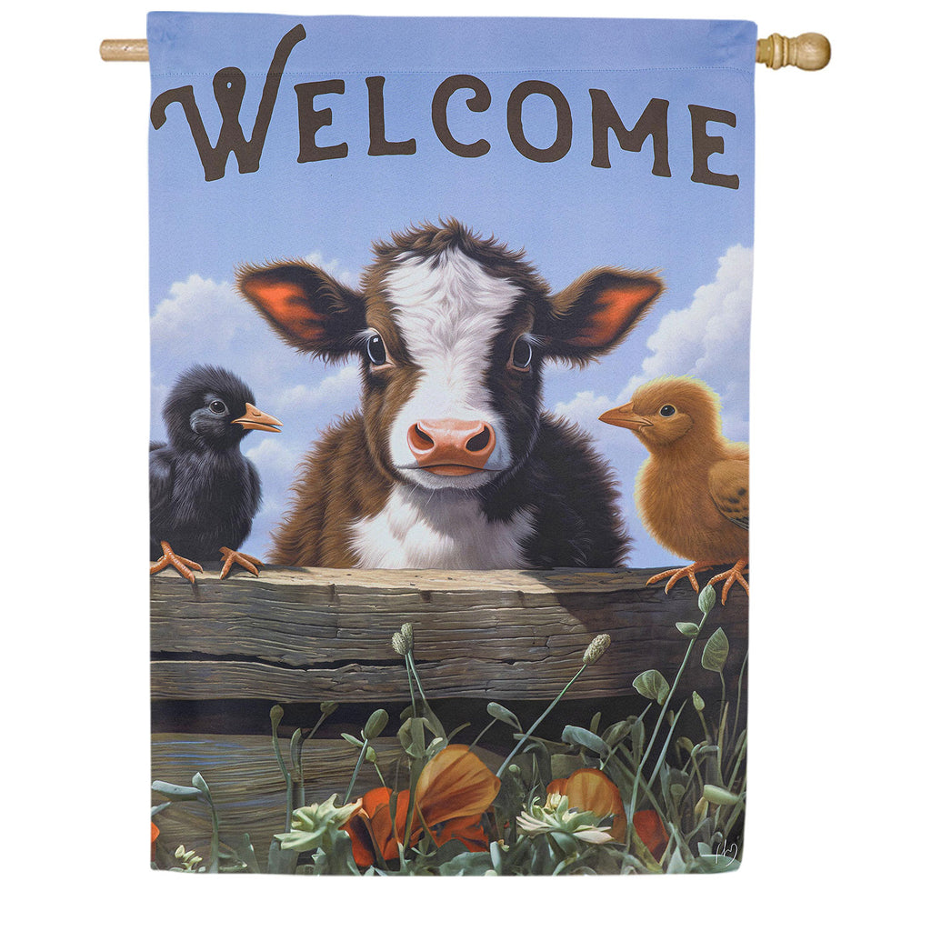 Evergreen Cow and Chicks Suede House Flag