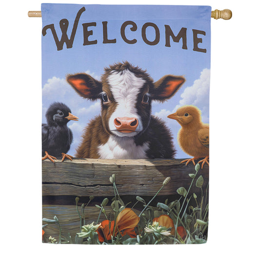 Evergreen Cow and Chicks Suede House Flag
