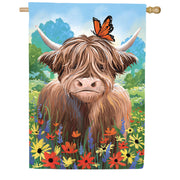 Evergreen Highland Cow Named Summer Suede House Flag