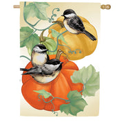 Evergreen Chickadee Pumpkin Vine Suede House Flag