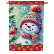 Evergreen Snowman With Cardinal Friend Suede 2-Sided House Flag
