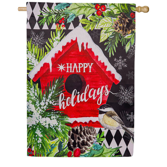 Floral Red Birdhouse Double Sided Suede House Flag