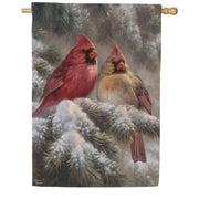 Evergreen Frosted Cardinals Suede House Flag