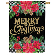 Evergreen Floral Checkered Merry Christmas Suede House Flag