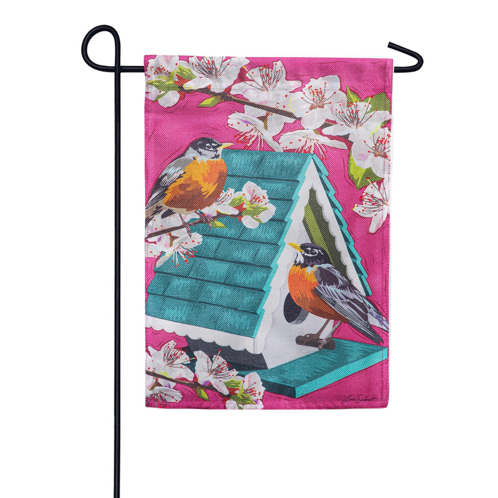 Evergreen Cherry Blossoms & Friends Burlap Garden Flag