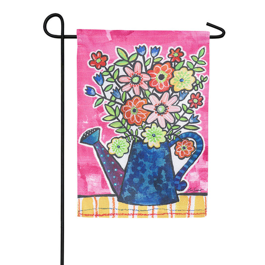 Evergreen Summer Flowers Watering Can Burlap Garden Flag