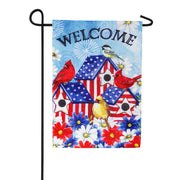 Patriotic Birdhouse Burlap Garden Flag