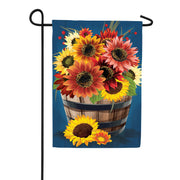 Barrel Of Blooms & Pumpkins Burlap Garden Flag