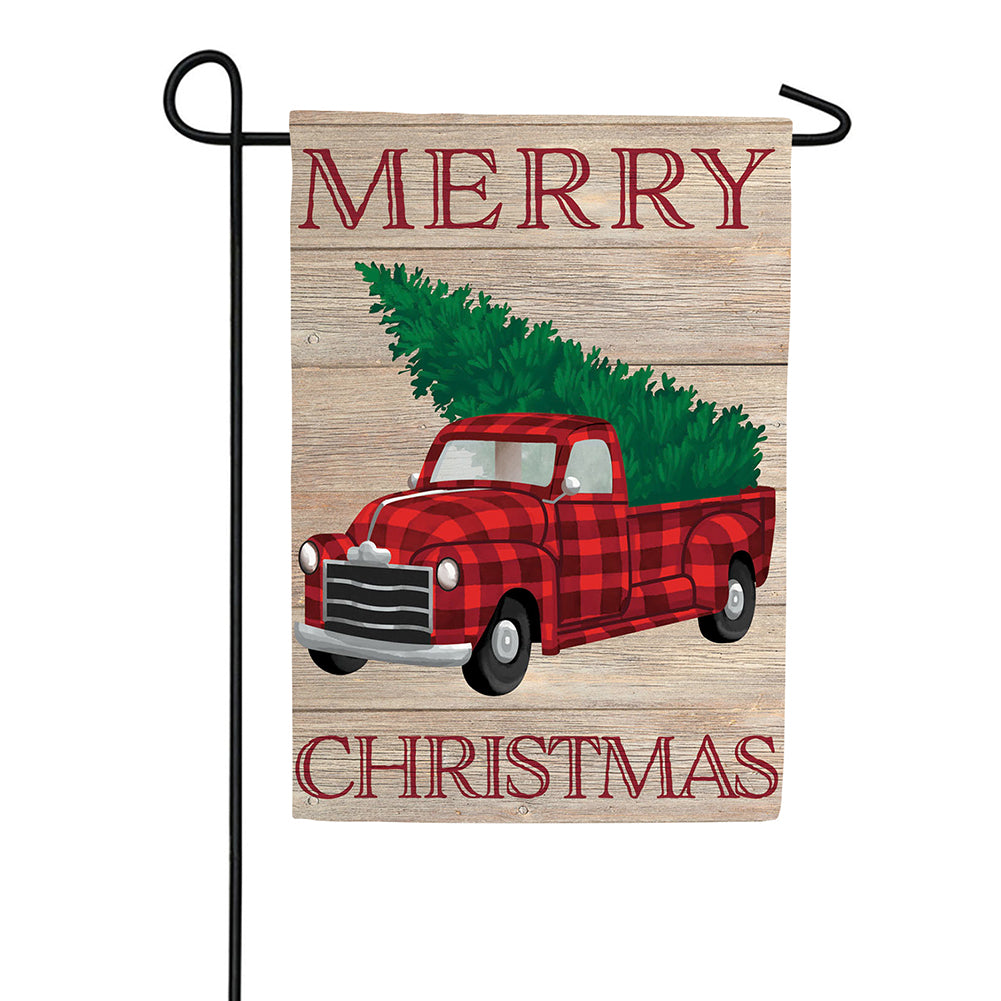 Evergreen Holiday Plaid Truck Garden Flag
