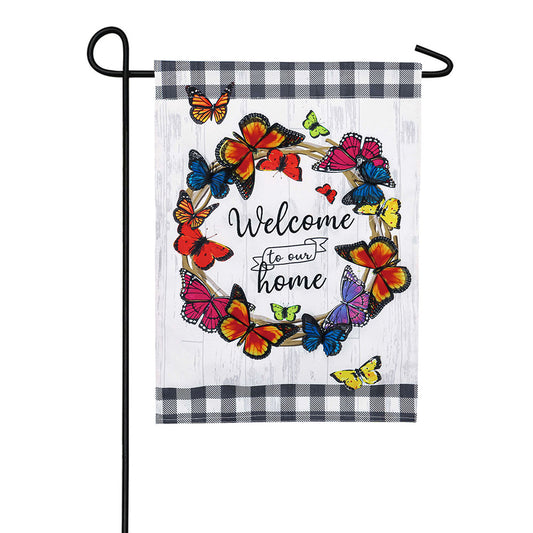 Evergreen Butterfly Welcome Wreath Linen Garden Flag