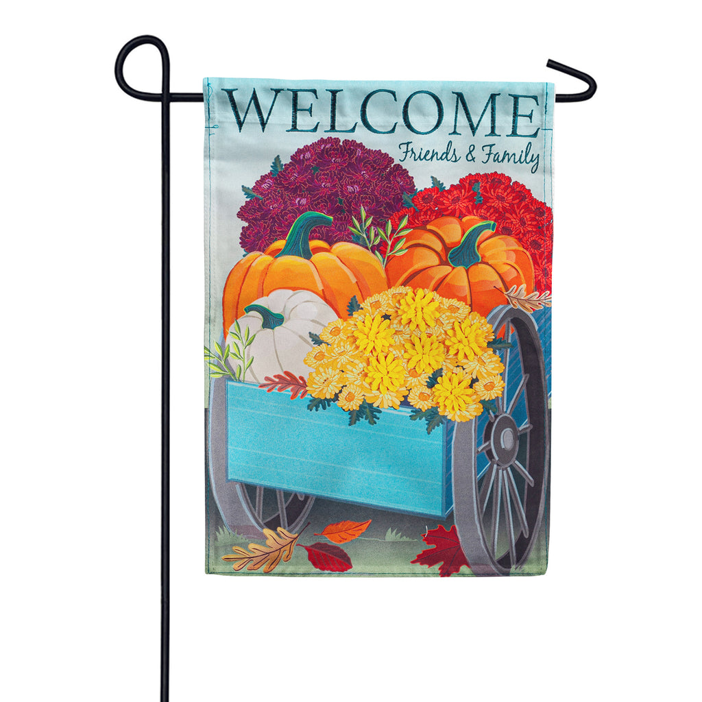 Evergreen Flowers and Pumpkin Wagon Linen Garden Flag