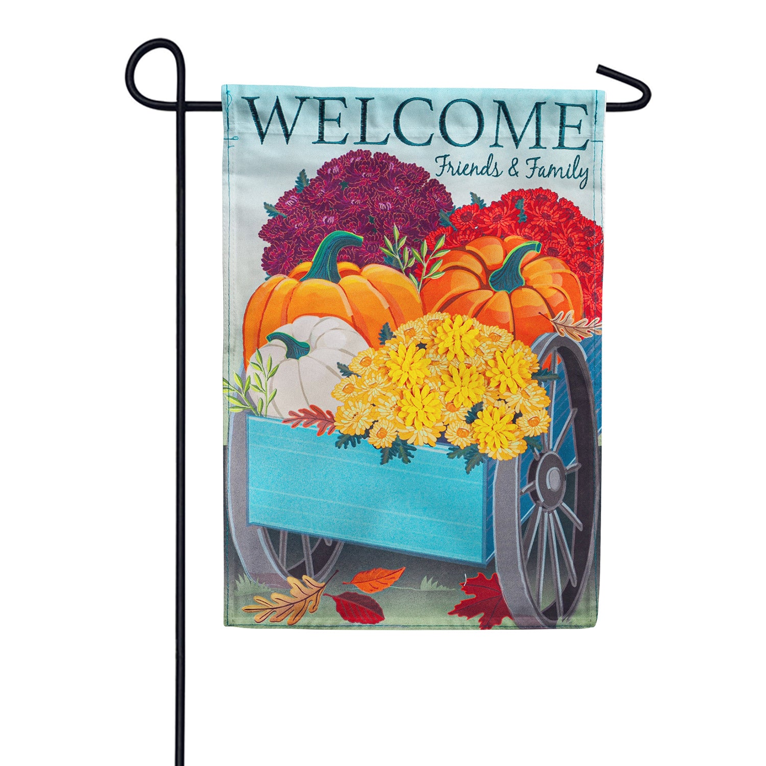 Evergreen Flowers and Pumpkin Wagon Linen Garden Flag