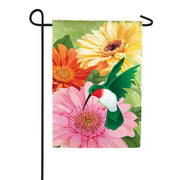 Evergreen Hummingbird and Daisy Trio Linen Garden Flag