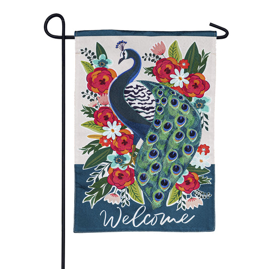 Evergreen Floral Peacock Linen Garden Flag