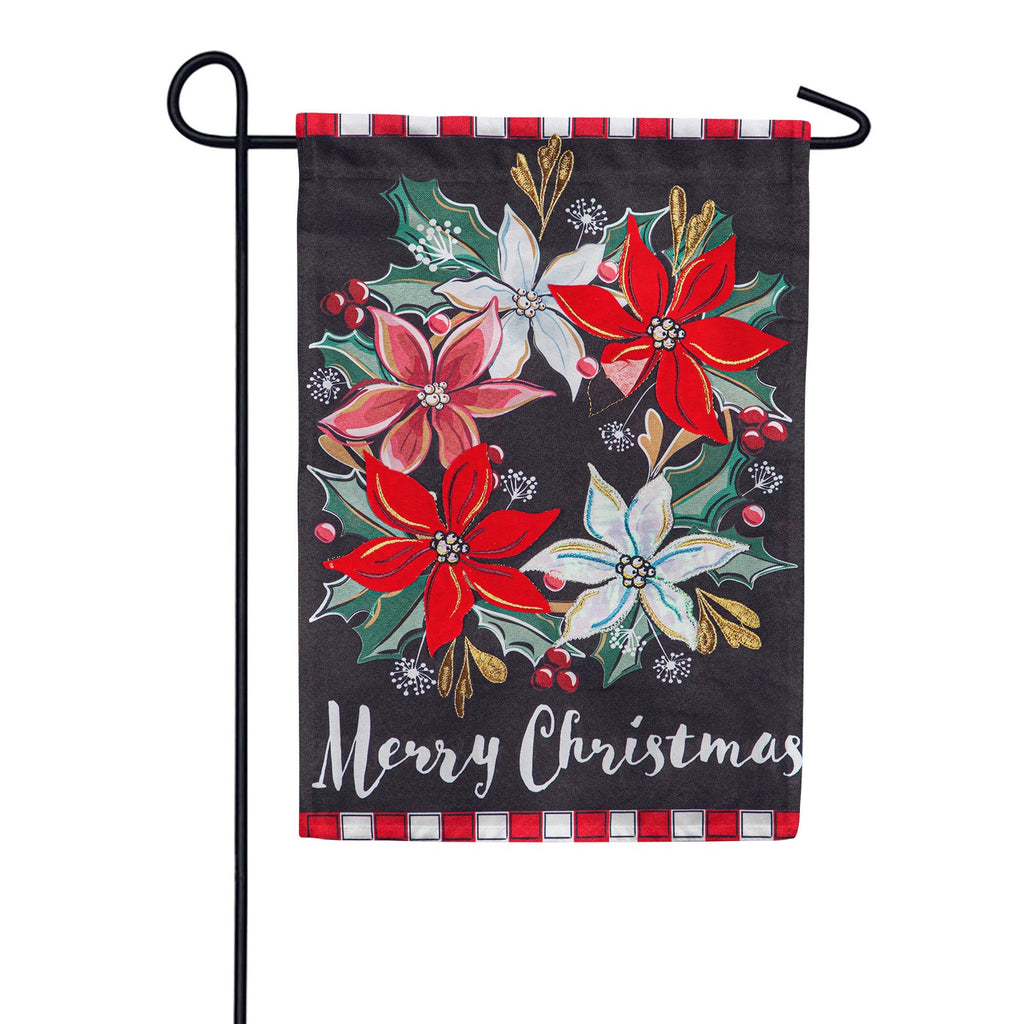 Evergreen Poinsettia Wreath Linen Garden Flag