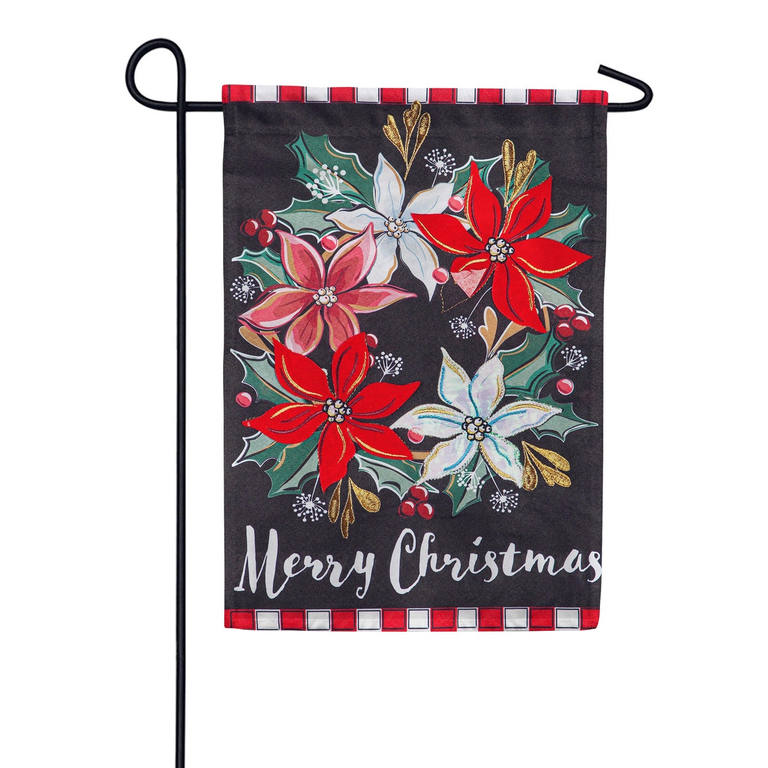 Evergreen Poinsettia Wreath Linen Garden Flag