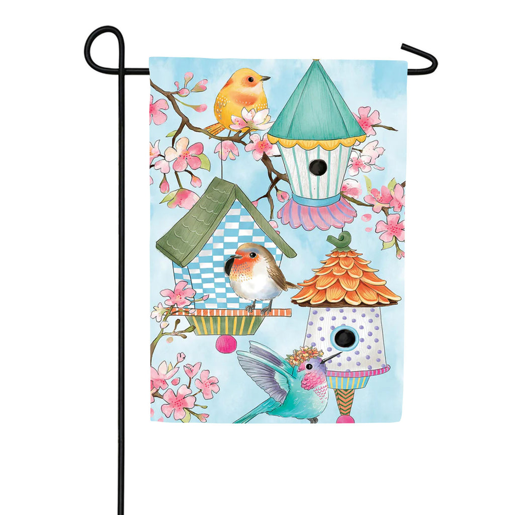 Evergreen Birdhouse & Birds on Cherry Blossoms Linen Garden Flag
