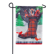 Evergreen Holiday Plaid Boot Garden Flag