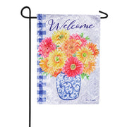 Evergreen Moire Garden Flag - Welcome Gerberas in Vase