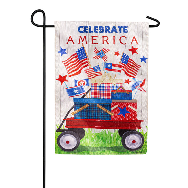 Evergreen Moire Garden Flag - Vintage Patriotic Wagon