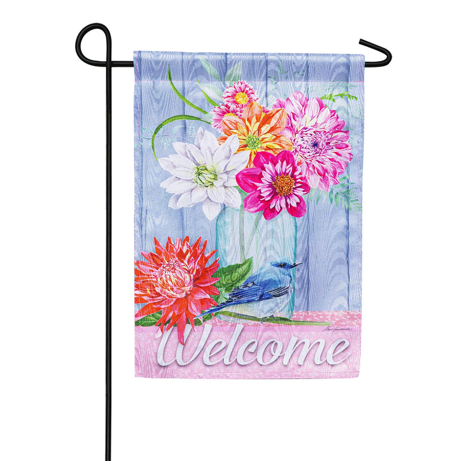 Evergreen Welcome Dahlias and Bluebird Moire Garden Flag
