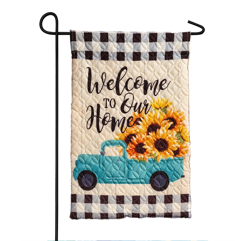 Evergreen Mint Sunflower Truck Quilted Garden Flag