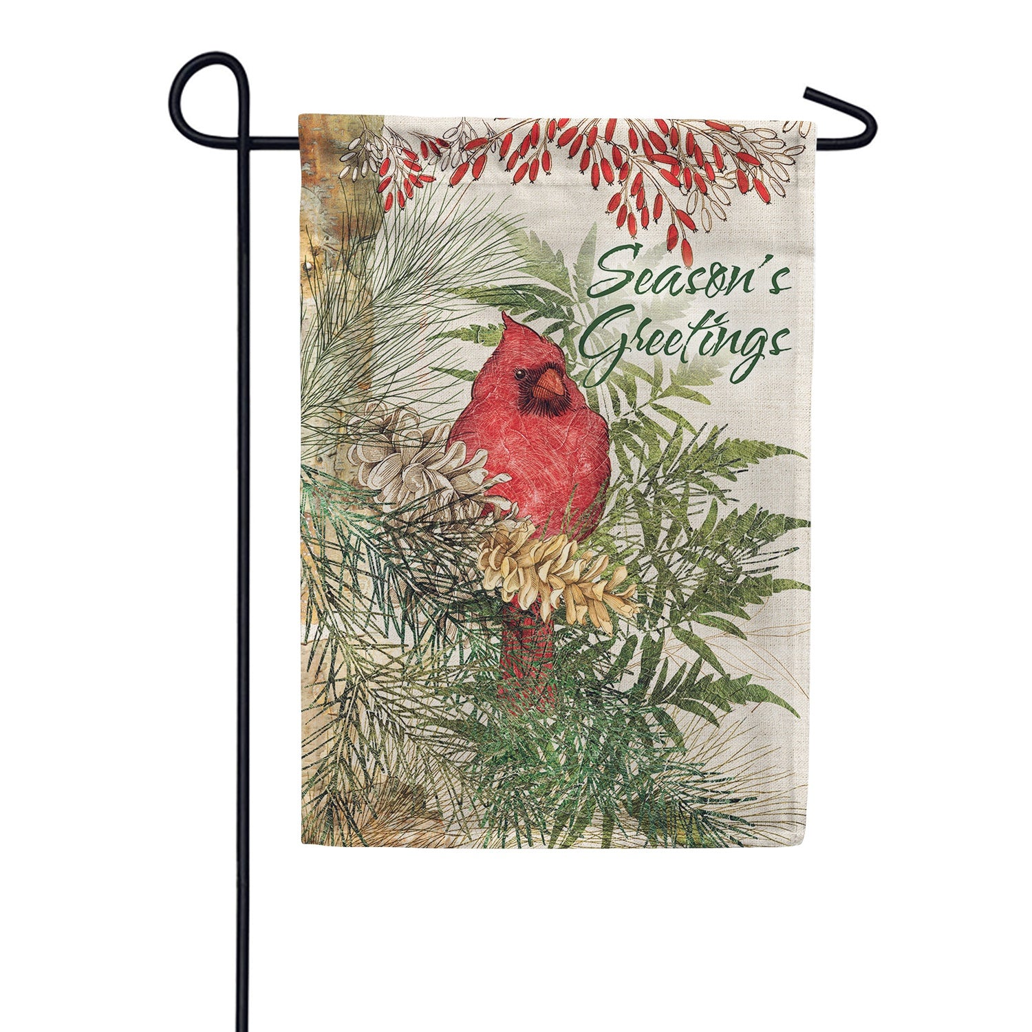 Evergreen Greens and Cardinals Garden Flag
