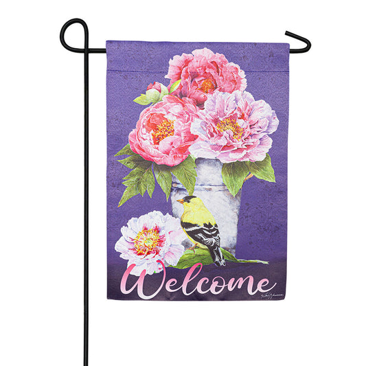 Evergreen Bucket of Peonies Suede Garden Flag