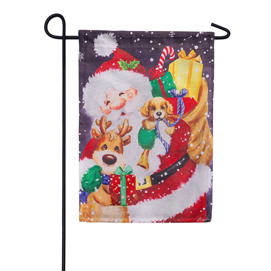 Evergreen Santa Reindeer and Puppy Suede Garden Flag