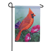Evergreen Cardinal on Morning Glory Suede Garden Flag