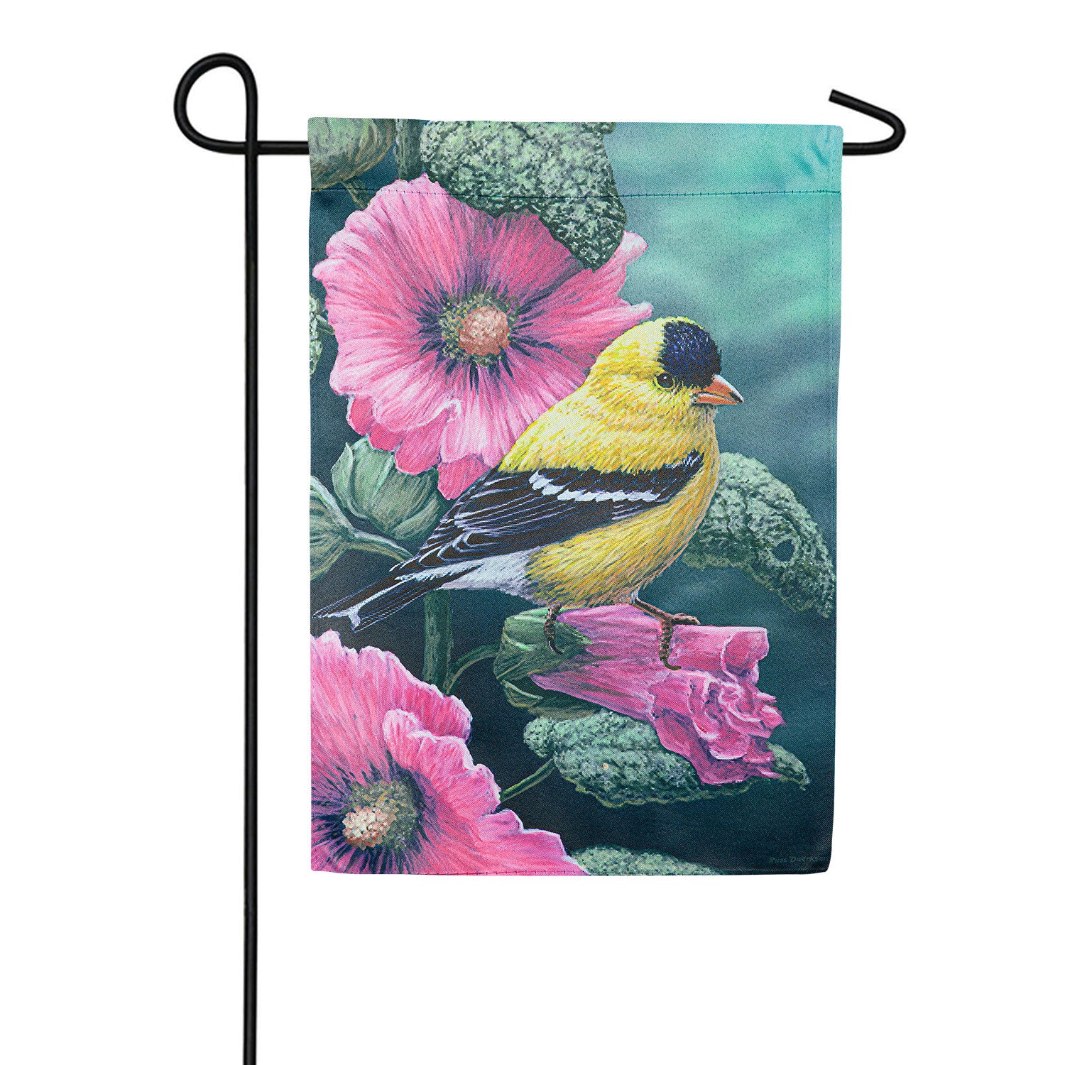 Evergreen Goldfinch on Hollyhocks Suede Garden Flag