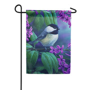 Evergreen Chickadee on Lilac Suede Garden Flag