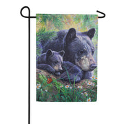 Evergreen Mom and Baby Bear in the Meadow Suede Garden Flag
