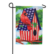 Evergreen Patriotic Cardinal Birdhouse Suede Garden Flag