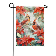 Evergreen Cardinals In Winter Suede Garden Flag