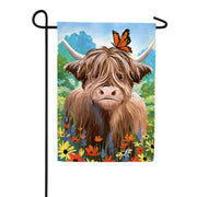 Evergreen Highland Cow Named Summer Suede Garden Flag
