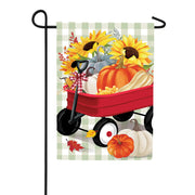Evergreen Wagon Filled Pumpkin Suede Garden Flag