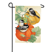 Evergreen Chickadee Pumpkin Vine Suede Garden Flag