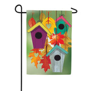 Evergreen Flock Of Bird Houses Suede Garden Flag