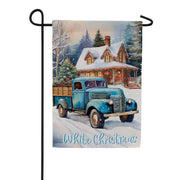Evergreen Holiday Blue Truck Suede Garden Flag