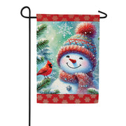 Evergreen Snowman With Cardinal Friend Suede Garden Flag