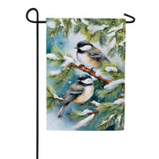 Evergreen Winter Chickadee Friends Suede Garden Flag
