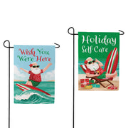 Evergreen Surfing Santa Reversible Suede 2-Sided Garden Flag