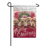 Evergreen Red Truck with Puppies Suede Garden Flag