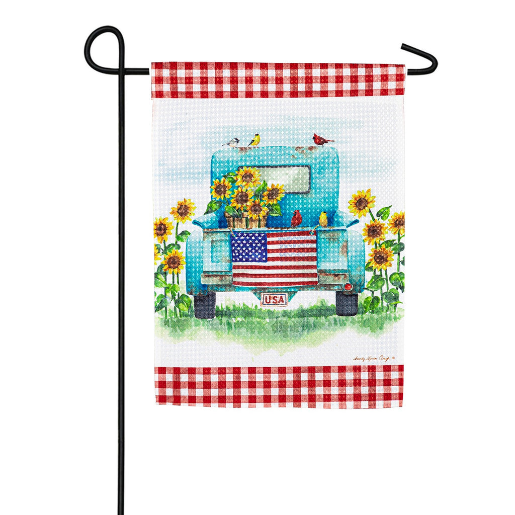 Evergreen Sunflower Truck Waffle Garden Flag