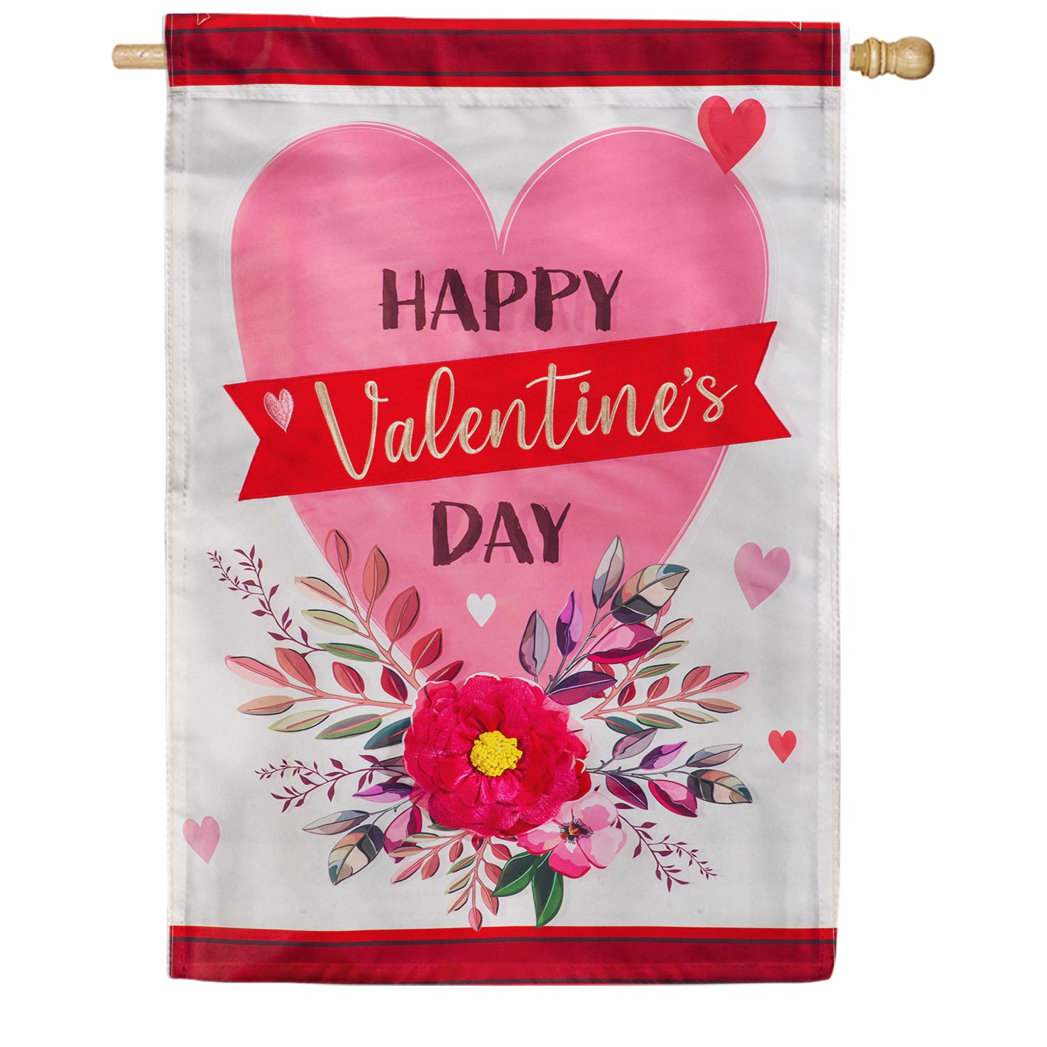 Evergreen Happy Valentine's Day Heart and Floral Applique House Flag