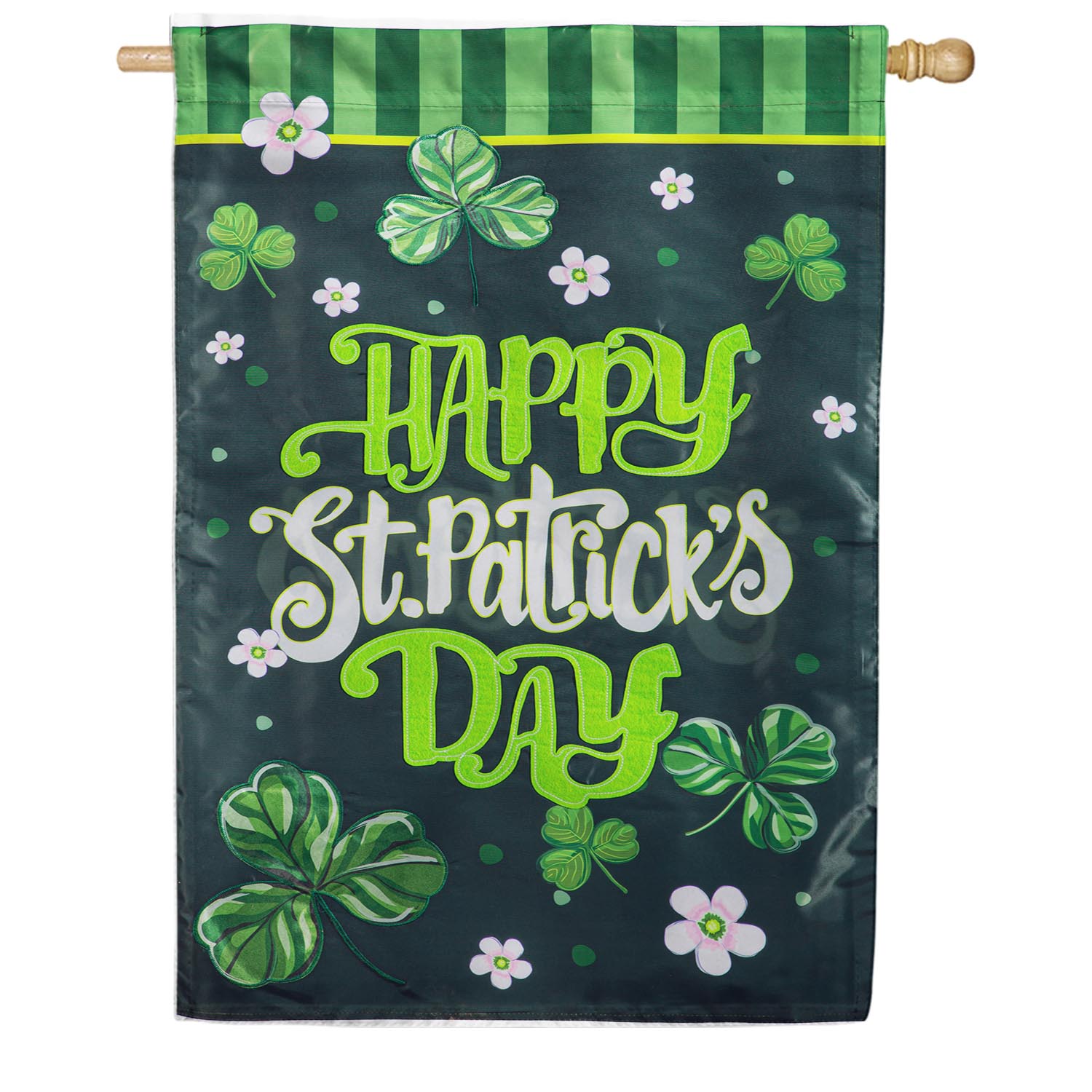Evergreen Happy St. Patrick's Day Shamrocks Applique House Flag
